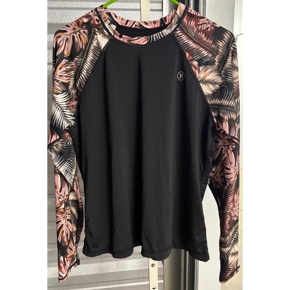 Hurley Womens XL Rash Guard Long Sleeve UPF 50+ Black Tropical Palm Print Swim